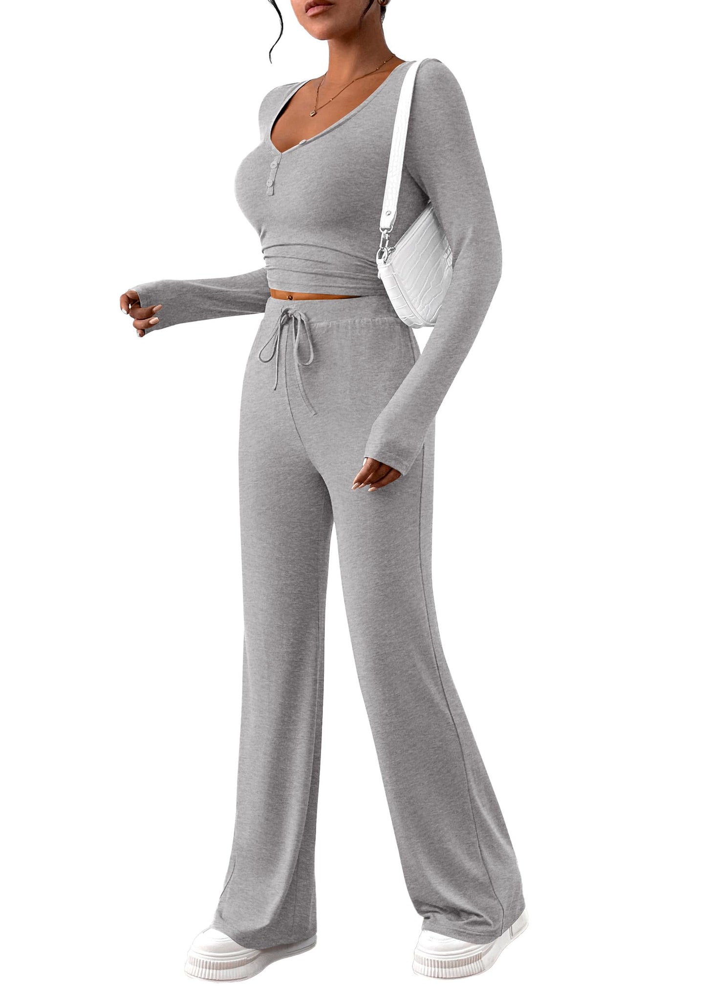 Two Piece Sets For Women Long Sleeve V Neck Crop Tops Flare Pants Lounge Set Casual Outfits