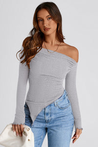 Long Sleeve Y2K Crop Top Trendy Off Shoulder Asymmetrical Fitted Knit Tee Shirts Going Out Tops