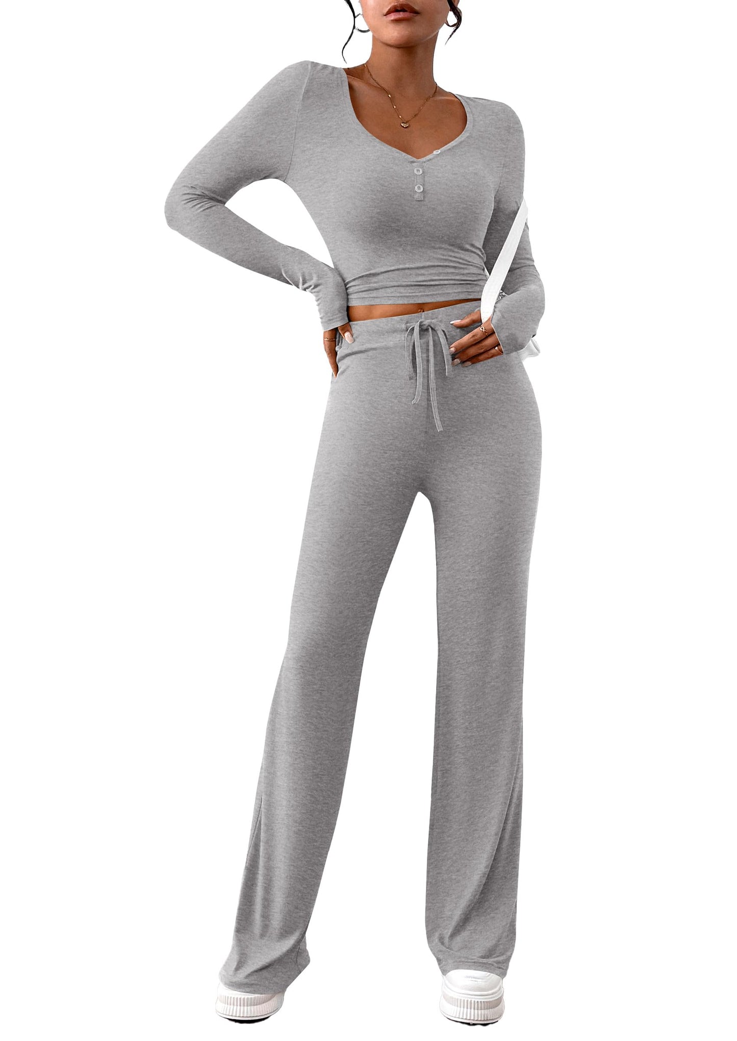 Two Piece Sets For Women Long Sleeve V Neck Crop Tops Flare Pants Lounge Set Casual Outfits