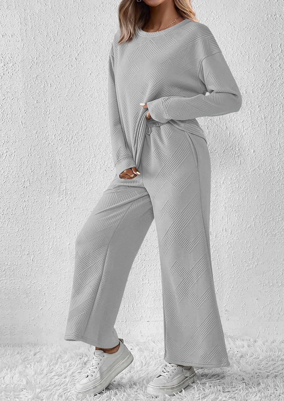 2 Piece Outfits Fall Casual Long Sleeve Pullover Tops and Wide Leg Pants Knitted Lounge Sets