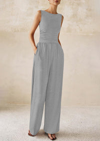 PRETTYGARDEN One Piece Jumpsuits for Women Dressy Casual Sleeveless Crewneck Wide Leg Rompers Jumpers Vacation Summer Outfits