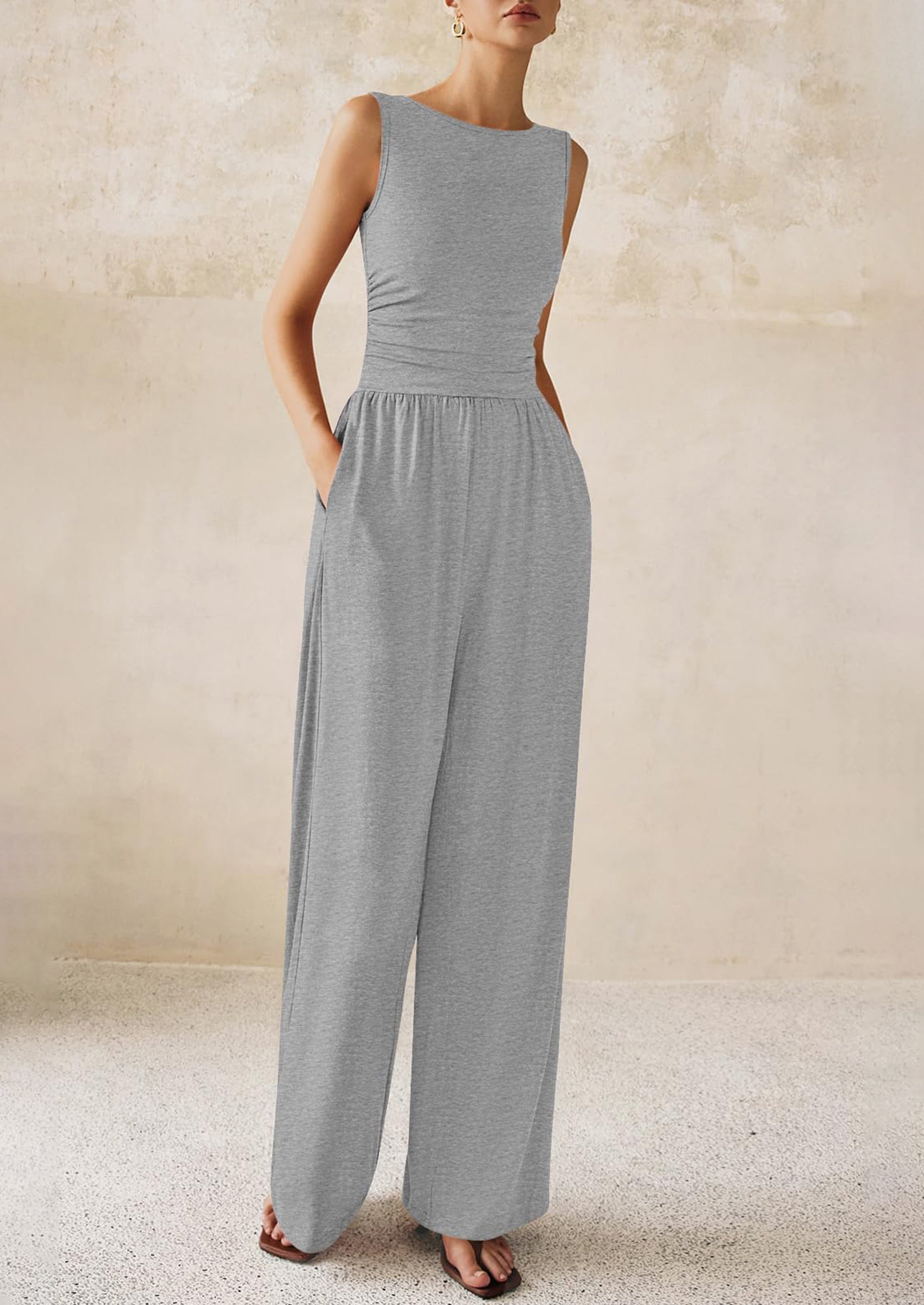PRETTYGARDEN One Piece Jumpsuits for Women Dressy Casual Sleeveless Crewneck Wide Leg Rompers Jumpers Vacation Summer Outfits