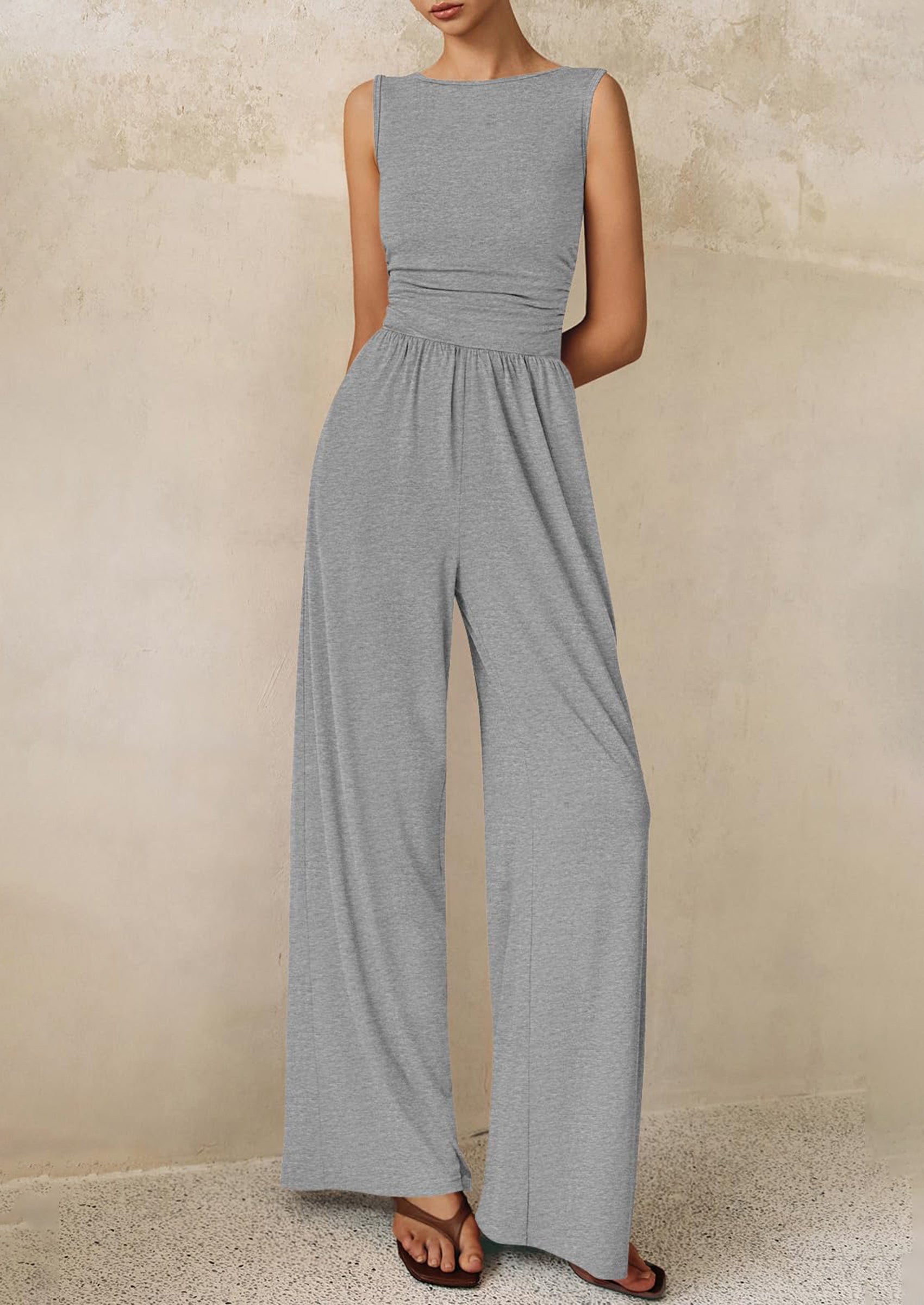 PRETTYGARDEN One Piece Jumpsuits for Women Dressy Casual Sleeveless Crewneck Wide Leg Rompers Jumpers Vacation Summer Outfits