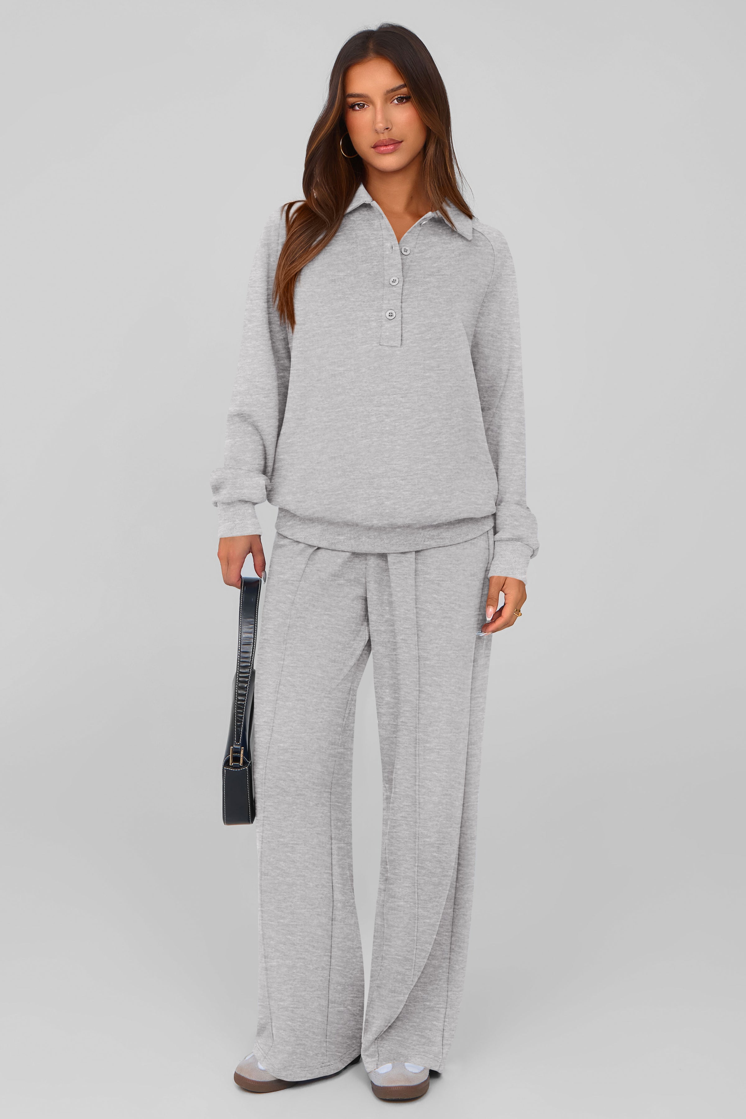 PRETTYGARDEN Women Fall 2 Piece Outfits Sweatsuits Quarter Button Long Sleeve Sweatshirt Wide Leg Pants Tracksuit Lounge Sets