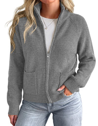 PRETTYGARDEN Womens Zip Up Cardigan Sweaters with Pockets Fall Jackets Stand Collar Long Sleeve Ribbed Knit Sweater, Chunky Loose Fit Open Front Short Cardigans, Fashion Winter Coats Outerwear
