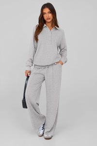 PRETTYGARDEN Women Fall 2 Piece Outfits Sweatsuits Quarter Button Long Sleeve Sweatshirt Wide Leg Pants Tracksuit Lounge Sets