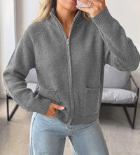 PRETTYGARDEN Womens Zip Up Cardigan Sweaters with Pockets Fall Jackets Stand Collar Long Sleeve Ribbed Knit Sweater, Chunky Loose Fit Open Front Short Cardigans, Fashion Winter Coats Outerwear