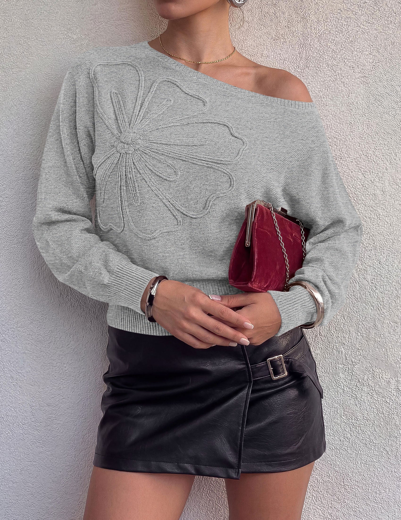 PRETTYGARDEN Women's Fall Off The Shoulder Sweater Tops   | 3D Flower Off Shoulder Sweater, Cinched Waist, Long Sleeve Cropped Sweaters, Knit Pullover Tops, Trendy Date Night Outfit