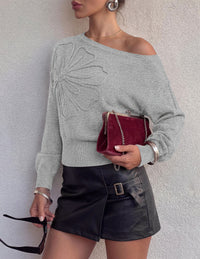 PRETTYGARDEN Women's Fall Off The Shoulder Sweater Tops   | 3D Flower Off Shoulder Sweater, Cinched Waist, Long Sleeve Cropped Sweaters, Knit Pullover Tops, Trendy Date Night Outfit