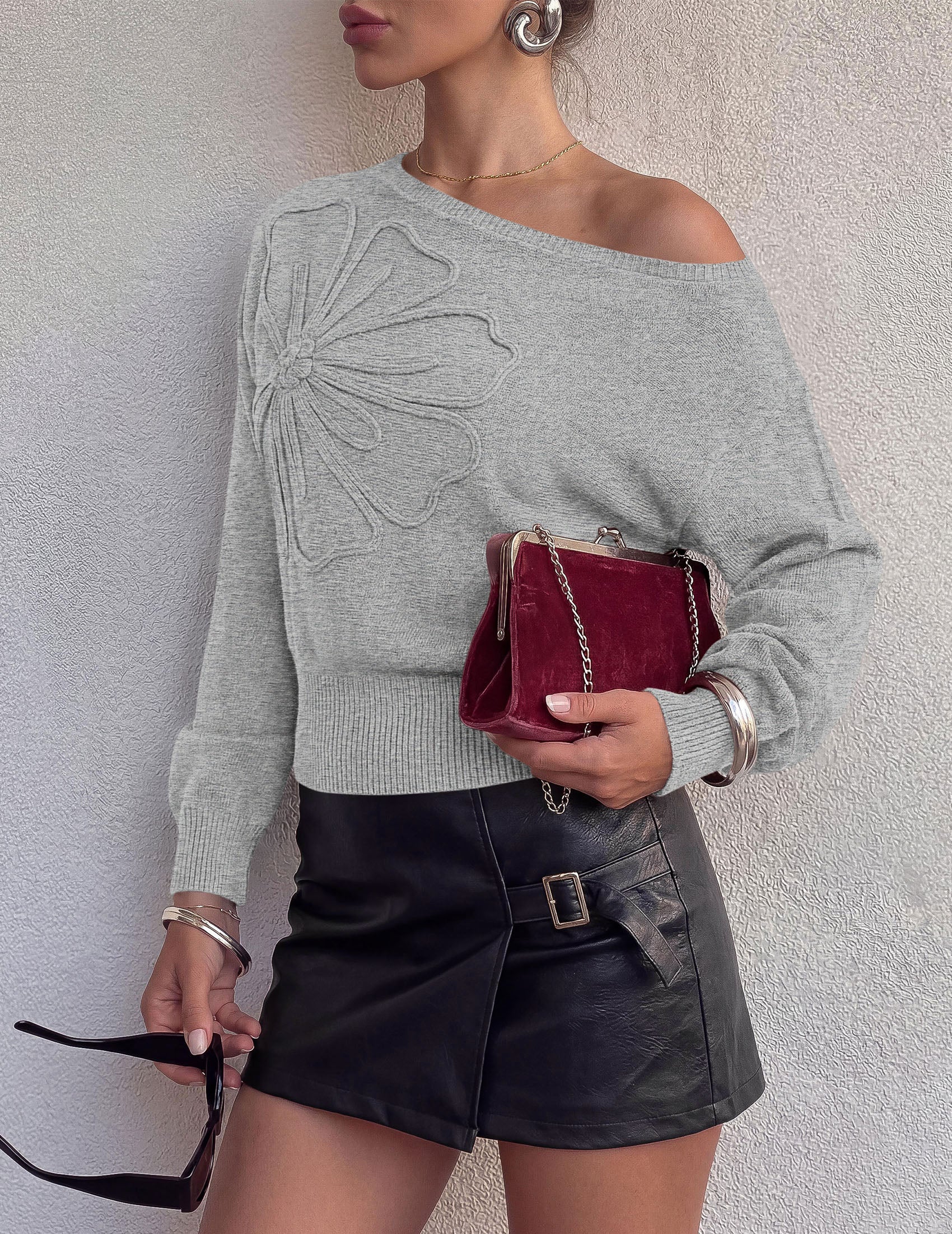 PRETTYGARDEN Women's Fall Off The Shoulder Sweater Tops   | 3D Flower Off Shoulder Sweater, Cinched Waist, Long Sleeve Cropped Sweaters, Knit Pullover Tops, Trendy Date Night Outfit