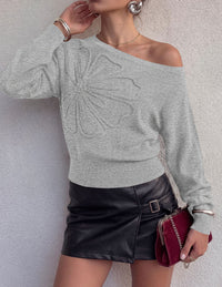 PRETTYGARDEN Women's Fall Off The Shoulder Sweater Tops   | 3D Flower Off Shoulder Sweater, Cinched Waist, Long Sleeve Cropped Sweaters, Knit Pullover Tops, Trendy Date Night Outfit