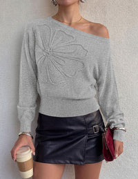 PRETTYGARDEN Women's Fall Off The Shoulder Sweater Tops   | 3D Flower Off Shoulder Sweater, Cinched Waist, Long Sleeve Cropped Sweaters, Knit Pullover Tops, Trendy Date Night Outfit