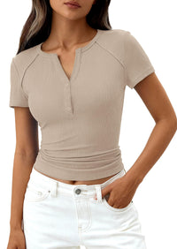 PRETTYGARDEN Womens Summer Short Sleeve Tops 2026 Spring Casual V Neck Henley Button Up T Shirts Dressy Ribbed Knit Blouses PRETTYGARDEN