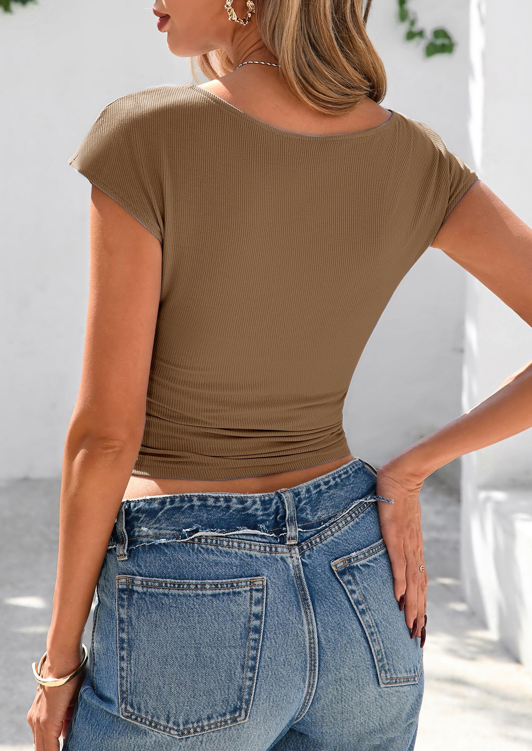 PRETTYGARDEN Women's Ruched Crop Tank Tops Summer Trendy Cap Sleeve Ribbed Knit Basic Fitted Going Out Tee Shirts