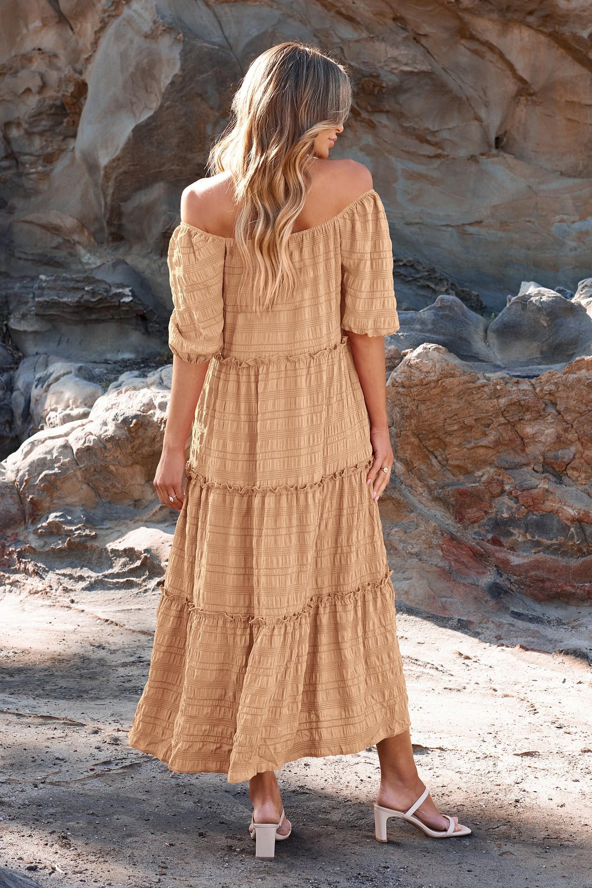 Casual Maxi Dresses Summer Short Sleeve Off The Shoulder Ruffle Tiered Flowy Boho Party Beach Long Dress