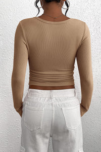 Long Sleeve Henley Button Down Ribbed Knit Slim Fit Blouse