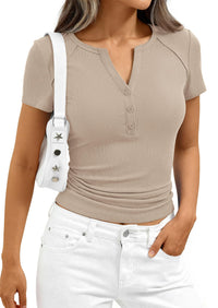 PRETTYGARDEN Womens Summer Short Sleeve Tops 2026 Spring Casual V Neck Henley Button Up T Shirts Dressy Ribbed Knit Blouses PRETTYGARDEN