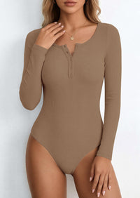 PRETTYGARDEN Long Sleeve Bodysuits for Women Ribbed Knit Henley Button Up Slim Fitted Basic Tops Winter Fashion Clothing PRETTYGARDEN