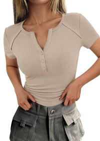 PRETTYGARDEN Womens Summer Short Sleeve Tops 2026 Spring Casual V Neck Henley Button Up T Shirts Dressy Ribbed Knit Blouses PRETTYGARDEN