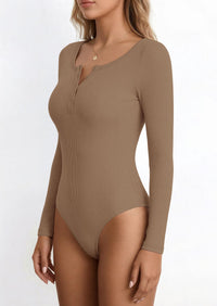 PRETTYGARDEN Long Sleeve Bodysuits for Women Ribbed Knit Henley Button Up Slim Fitted Basic Tops Winter Fashion Clothing PRETTYGARDEN