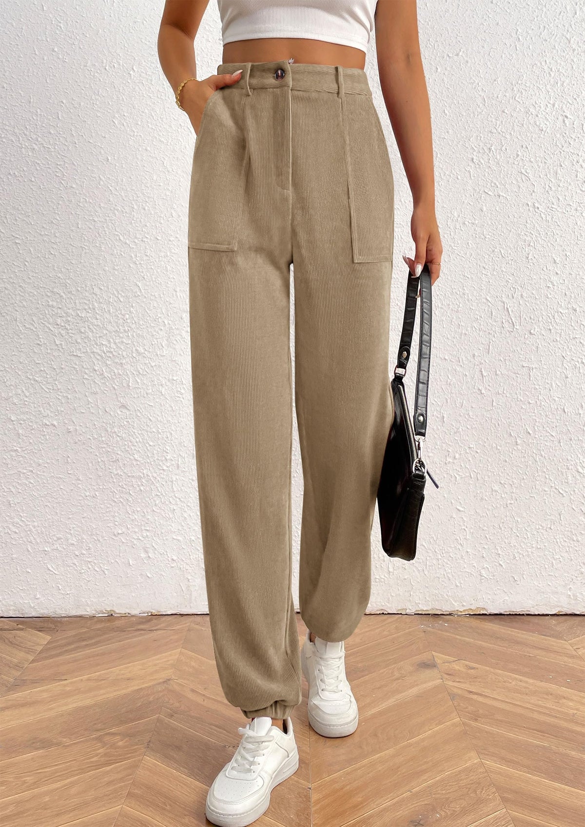 Women's Dressy Casual Pants Elastic High Waisted Work Office Corduroy Trouser Slacks with Pockets