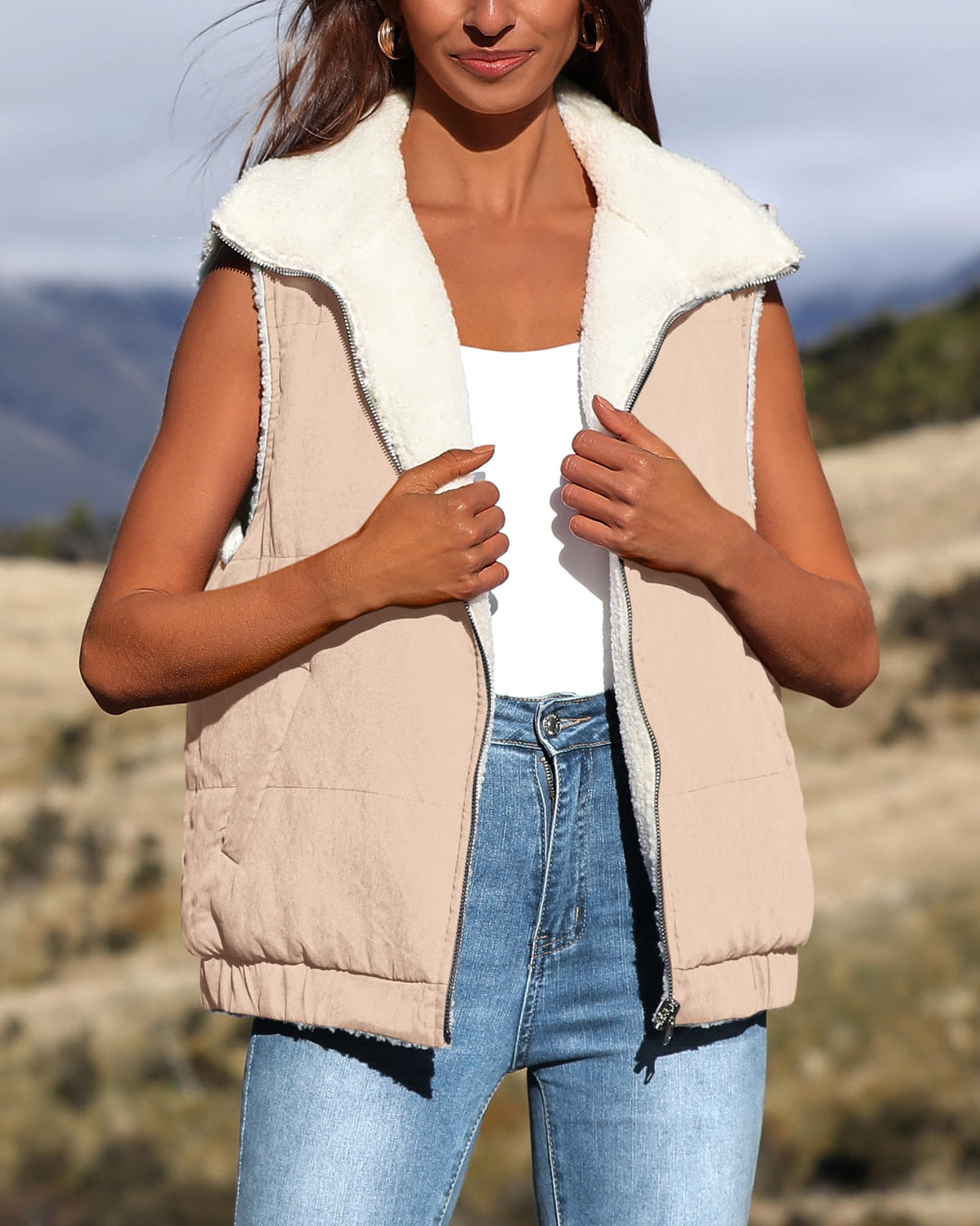 Sherpa Fleece Vest Zip Up Sleeveless Reversible Winter Warm Puffer Jacket Outerwear