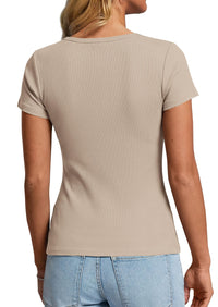 PRETTYGARDEN Womens Summer Short Sleeve Tops 2026 Spring Casual V Neck Henley Button Up T Shirts Dressy Ribbed Knit Blouses PRETTYGARDEN