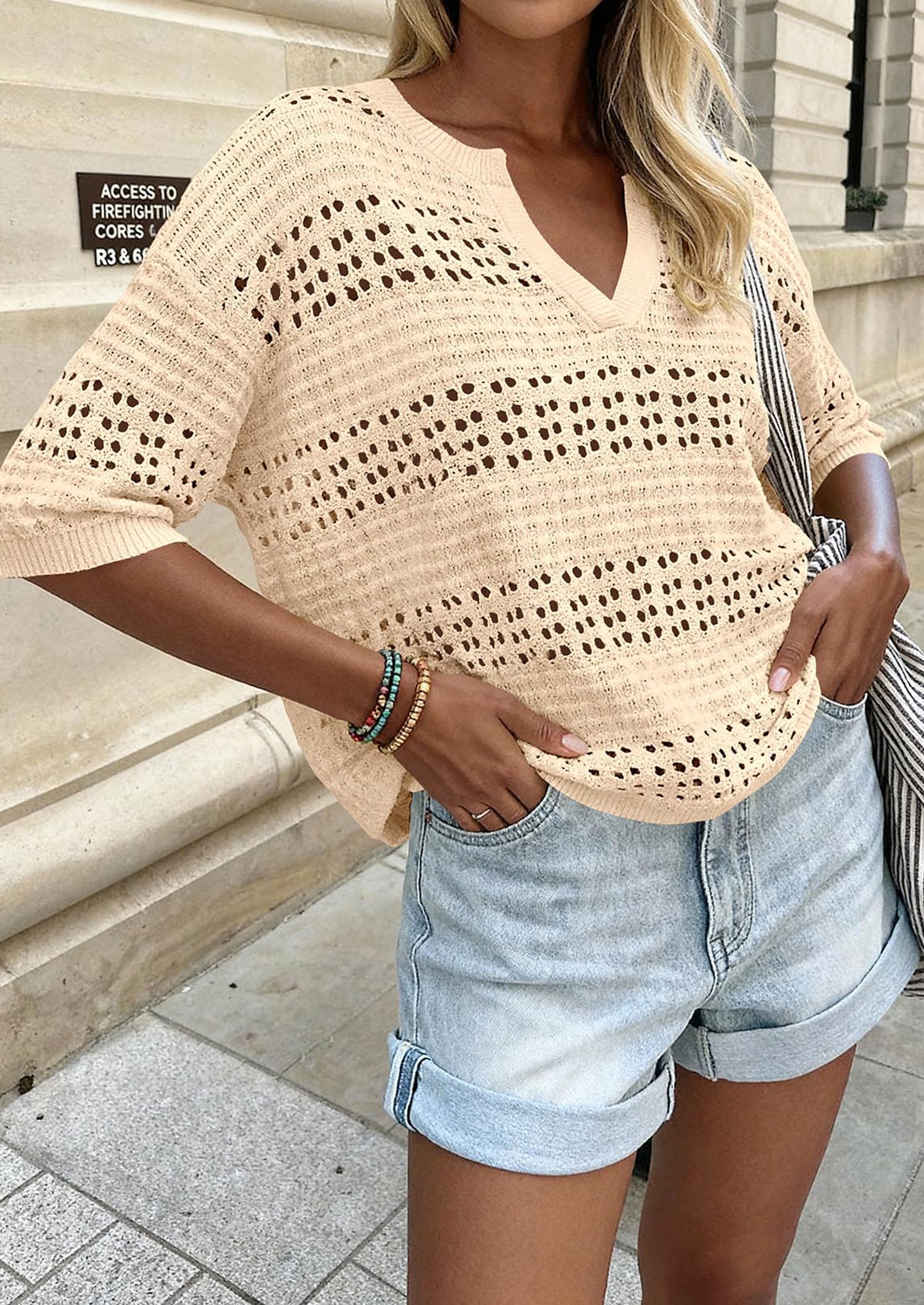 PRETTYGARDEN Womens Crochet Tops Casual Cotton Hollow Out Knit Short Sleeve Oversized Sweater for Women Summer Beach Cover Up PRETTYGARDEN