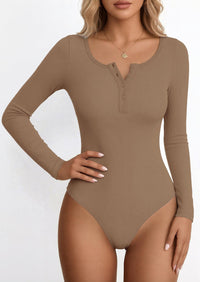 PRETTYGARDEN Long Sleeve Bodysuits for Women Ribbed Knit Henley Button Up Slim Fitted Basic Tops Winter Fashion Clothing PRETTYGARDEN