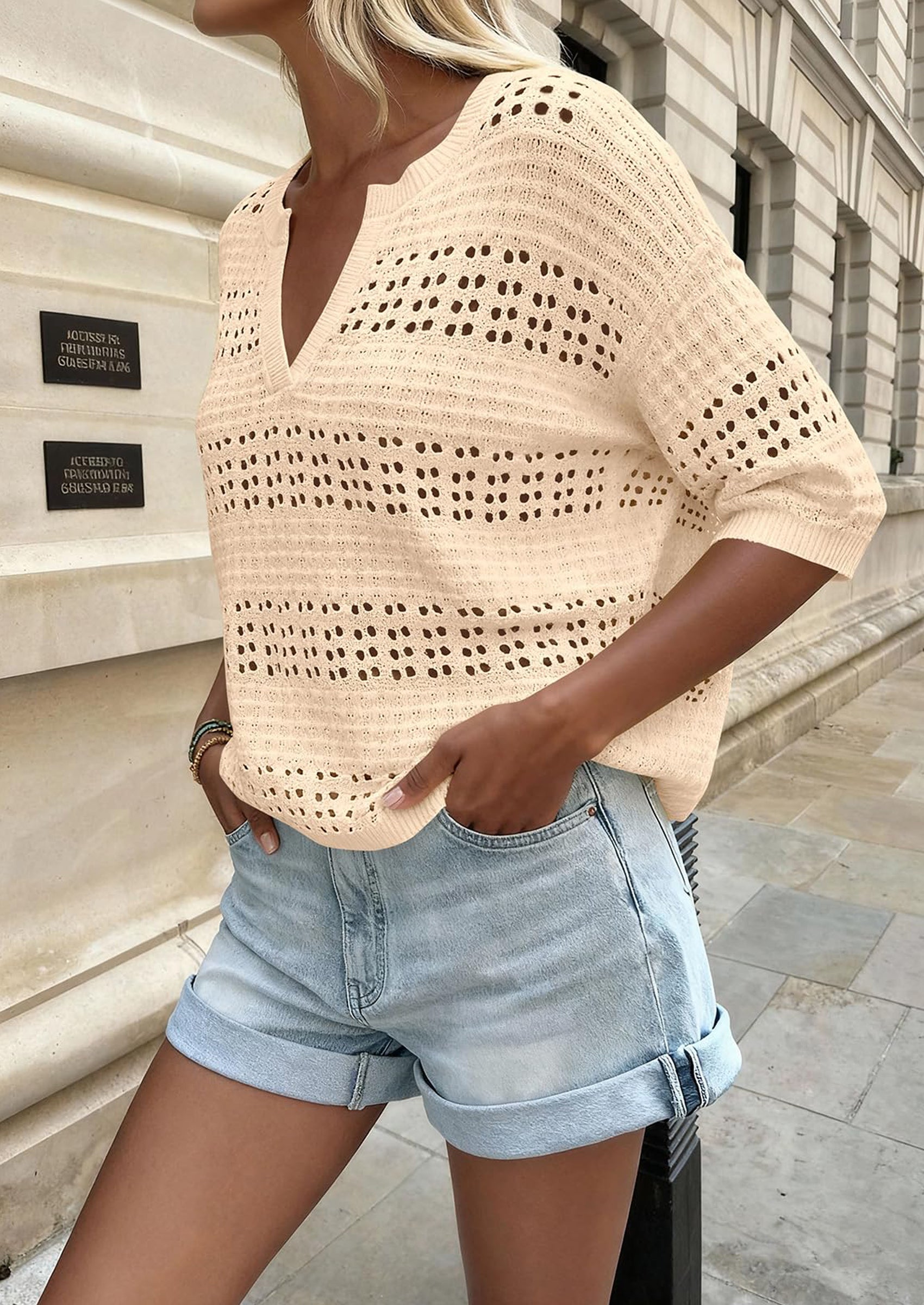 PRETTYGARDEN Womens Crochet Tops Casual Cotton Hollow Out Knit Short Sleeve Oversized Sweater for Women Summer Beach Cover Up PRETTYGARDEN