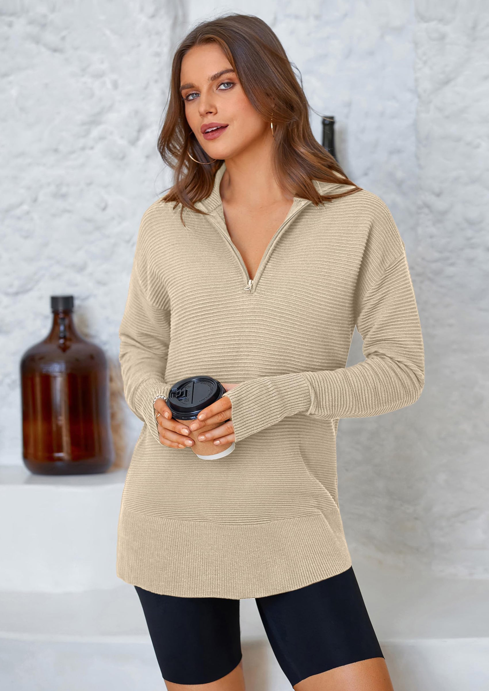 PRETTYGARDEN Womens Long Sleeve Quarter Zip Pullover Sweater Casual Loose V Neck Collared Ribbed Knit Jumper Tops Thumb Hole