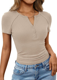 PRETTYGARDEN Womens Summer Short Sleeve Tops 2026 Spring Casual V Neck Henley Button Up T Shirts Dressy Ribbed Knit Blouses PRETTYGARDEN