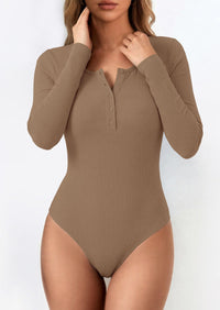 PRETTYGARDEN Long Sleeve Bodysuits for Women Ribbed Knit Henley Button Up Slim Fitted Basic Tops Winter Fashion Clothing PRETTYGARDEN