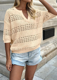 PRETTYGARDEN Womens Crochet Tops Casual Cotton Hollow Out Knit Short Sleeve Oversized Sweater for Women Summer Beach Cover Up PRETTYGARDEN