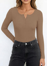 PRETTYGARDEN Long Sleeve Bodysuits for Women Ribbed Knit Henley Button Up Slim Fitted Basic Tops Winter Fashion Clothing PRETTYGARDEN