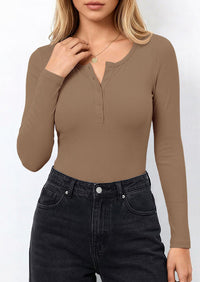 PRETTYGARDEN Long Sleeve Bodysuits for Women Ribbed Knit Henley Button Up Slim Fitted Basic Tops Winter Fashion Clothing PRETTYGARDEN