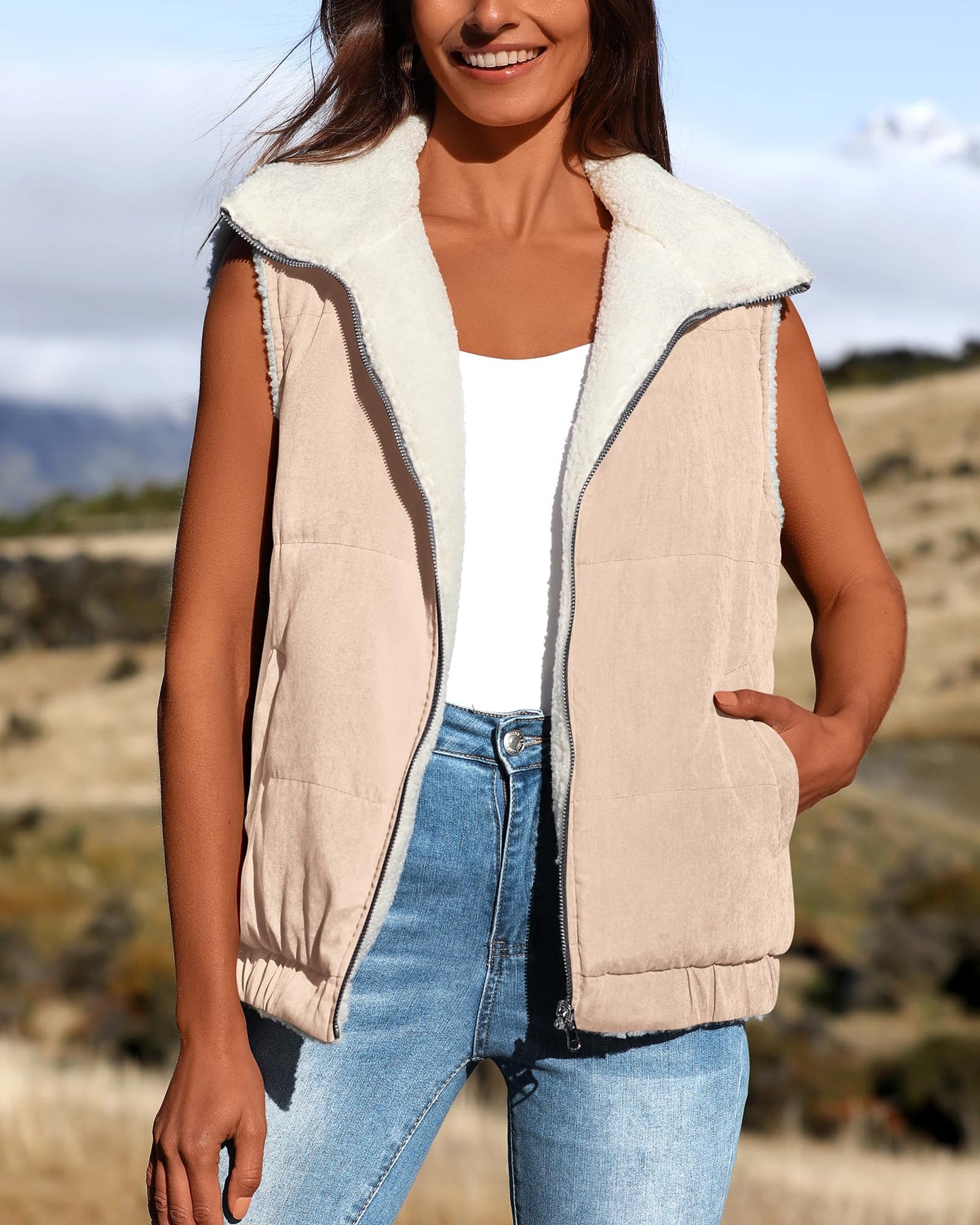 Sherpa Fleece Vest Zip Up Sleeveless Reversible Winter Warm Puffer Jacket Outerwear