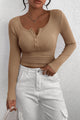 Long Sleeve Henley Button Down Ribbed Knit Slim Fit Blouse