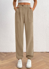 Women's Dressy Casual Pants Elastic High Waisted Work Office Corduroy Trouser Slacks with Pockets