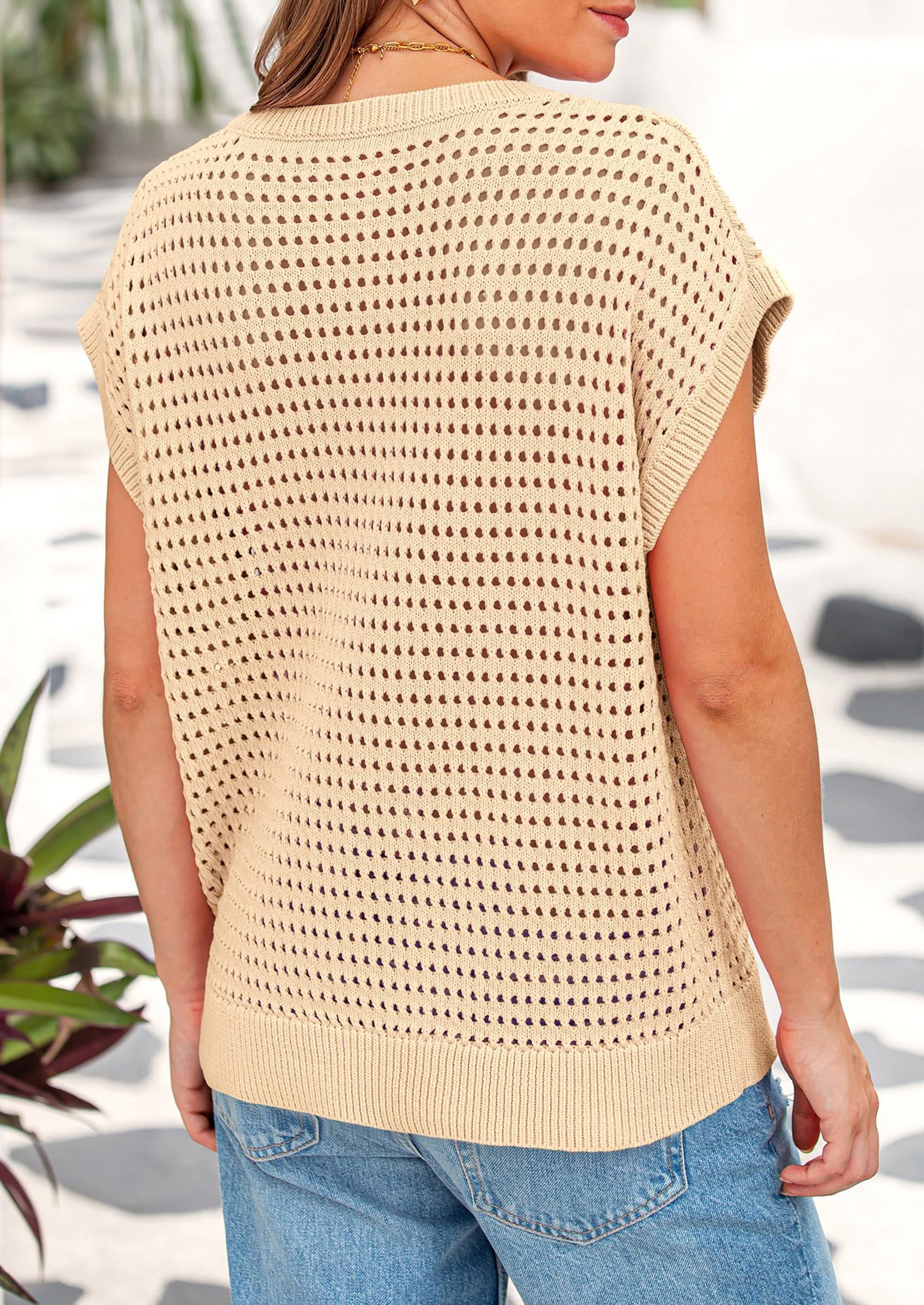 PRETTYGARDEN Womens Spring Tops Summer Shirts Crochet Cap Sleeve Sweater Pullover Cute Beach Vacation Clothes