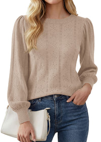 PRETTYGARDEN Women Fall Fashion Hollow Out Holiday Sweaters | Stretchy Cozy Knit, Puff Long Sleeve Pullover Tops, Crewneck Loose Fit, Dressy Casual Blouse, Trendy Winter Going Out Outfits