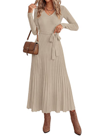 PRETTYGARDEN Womens Fall Maxi Long Sleeve Sweater Dress  Soft Stretchy Knit, V Neck A Line Dresses with Bow, Flowy Pleated Hem, Cocktail Party Outfits, Trendy Winter Clothes