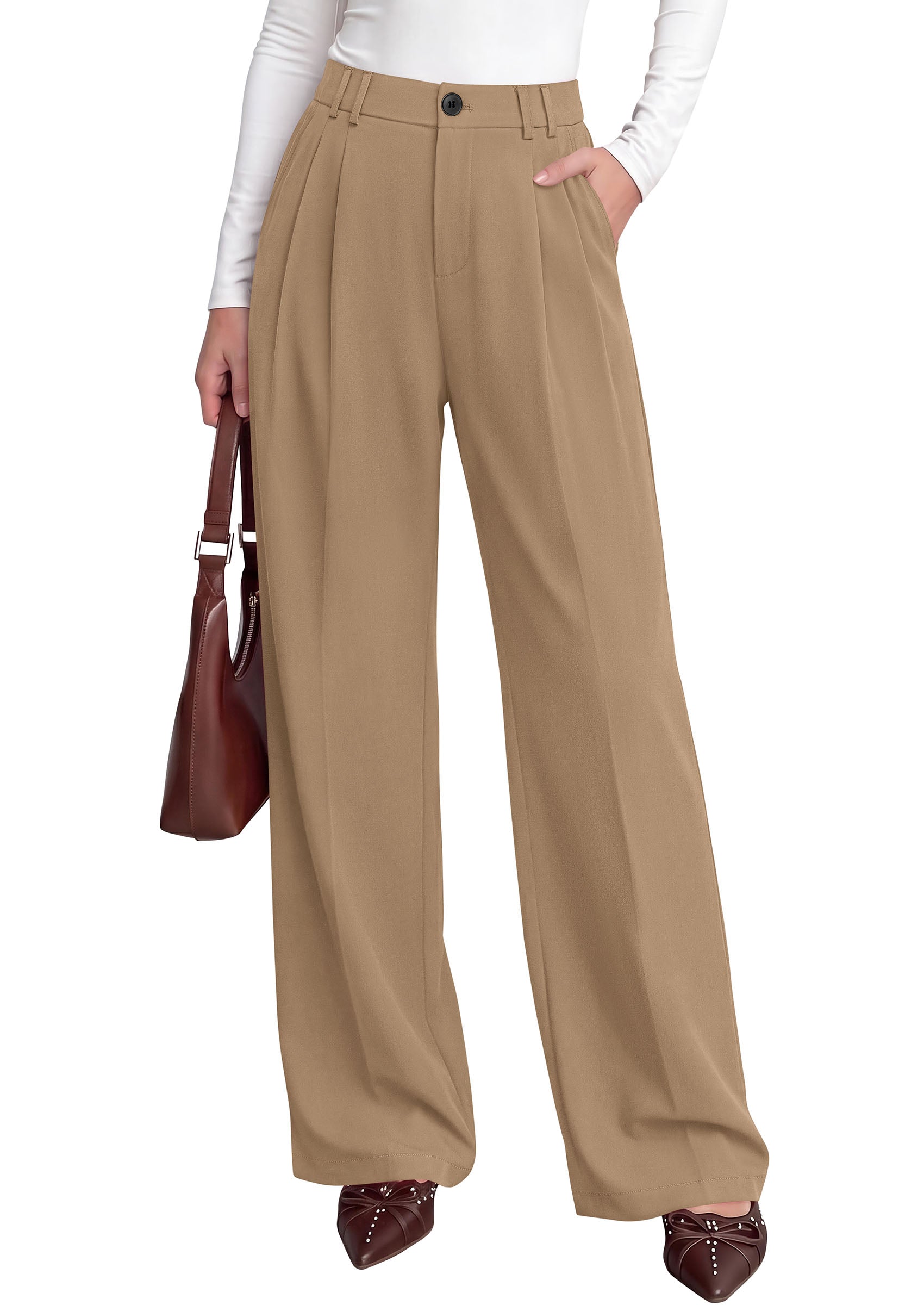 PRETTYGARDEN Women's Dress Pants Wide Leg Flowy Trousers | High Waisted Palazzo Pants, Pleated Front, Side Pockets, Work Office Wear, Business Casual Outfits, Fall Fashion Clothing