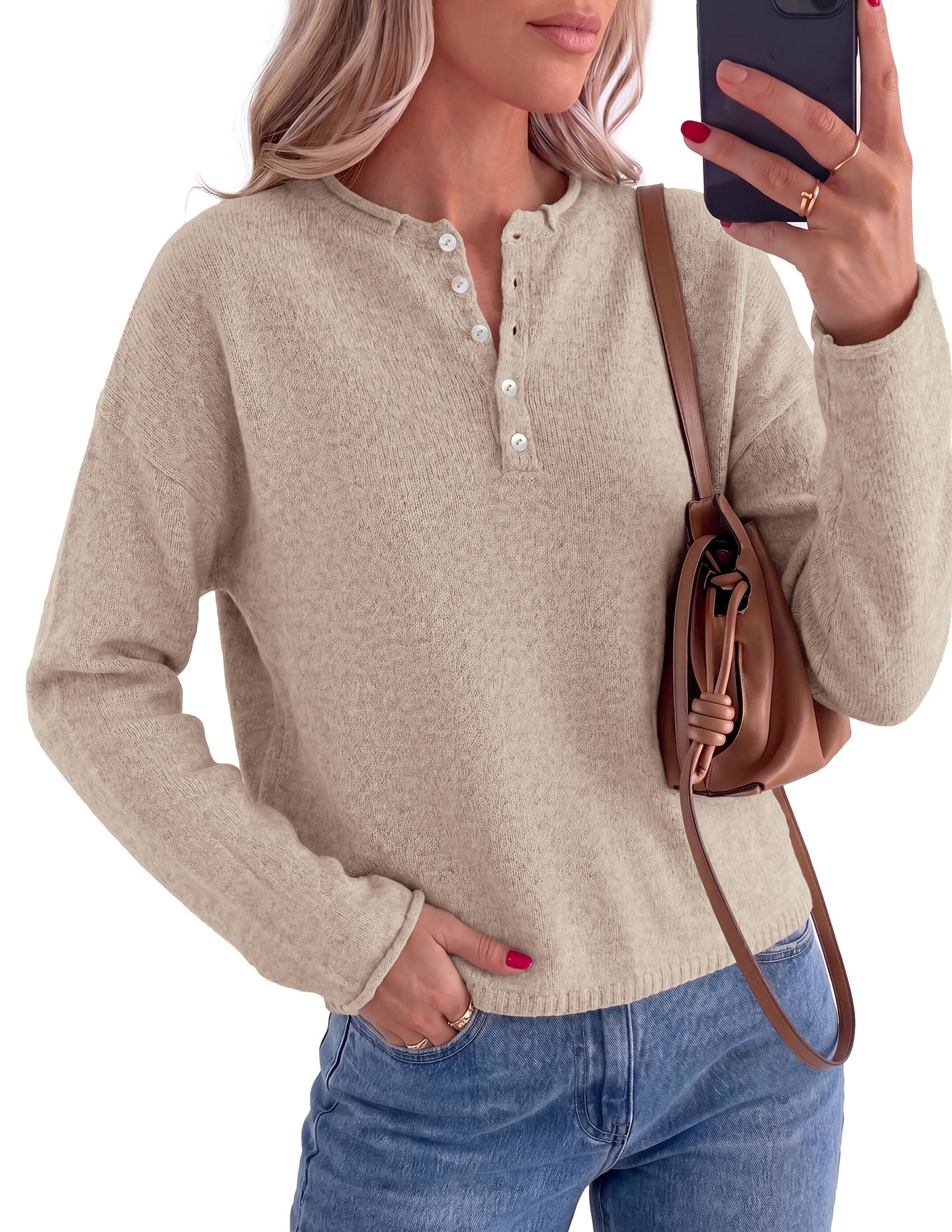 PRETTYGARDEN Women's Fall Button Up Cozy Pullover Sweaters | Stretchy Soft Knit, Drop Shoulder Long Sleeve Tops, Henley Crewneck Rolled Edge, Dressy Casual Blouses, Trendy Winter Clothes