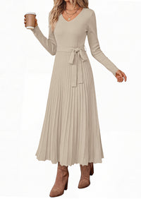 PRETTYGARDEN Womens Fall Maxi Long Sleeve Sweater Dress  Soft Stretchy Knit, V Neck A Line Dresses with Bow, Flowy Pleated Hem, Cocktail Party Outfits, Trendy Winter Clothes