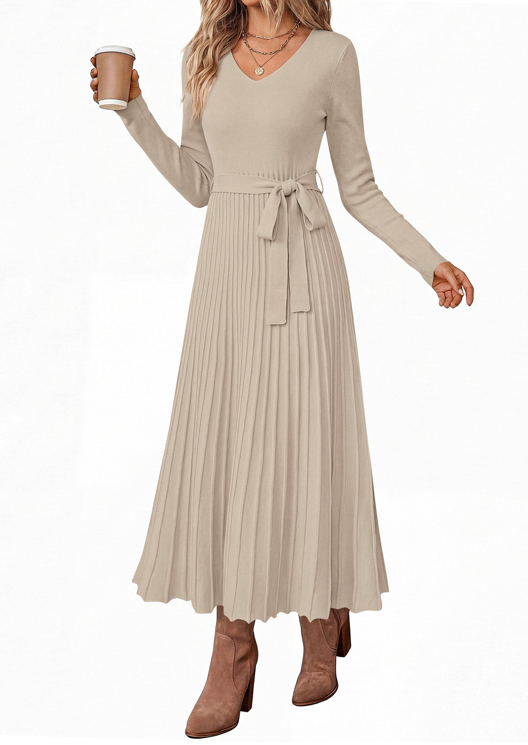 PRETTYGARDEN Womens Fall Maxi Long Sleeve Sweater Dress  Soft Stretchy Knit, V Neck A Line Dresses with Bow, Flowy Pleated Hem, Cocktail Party Outfits, Trendy Winter Clothes