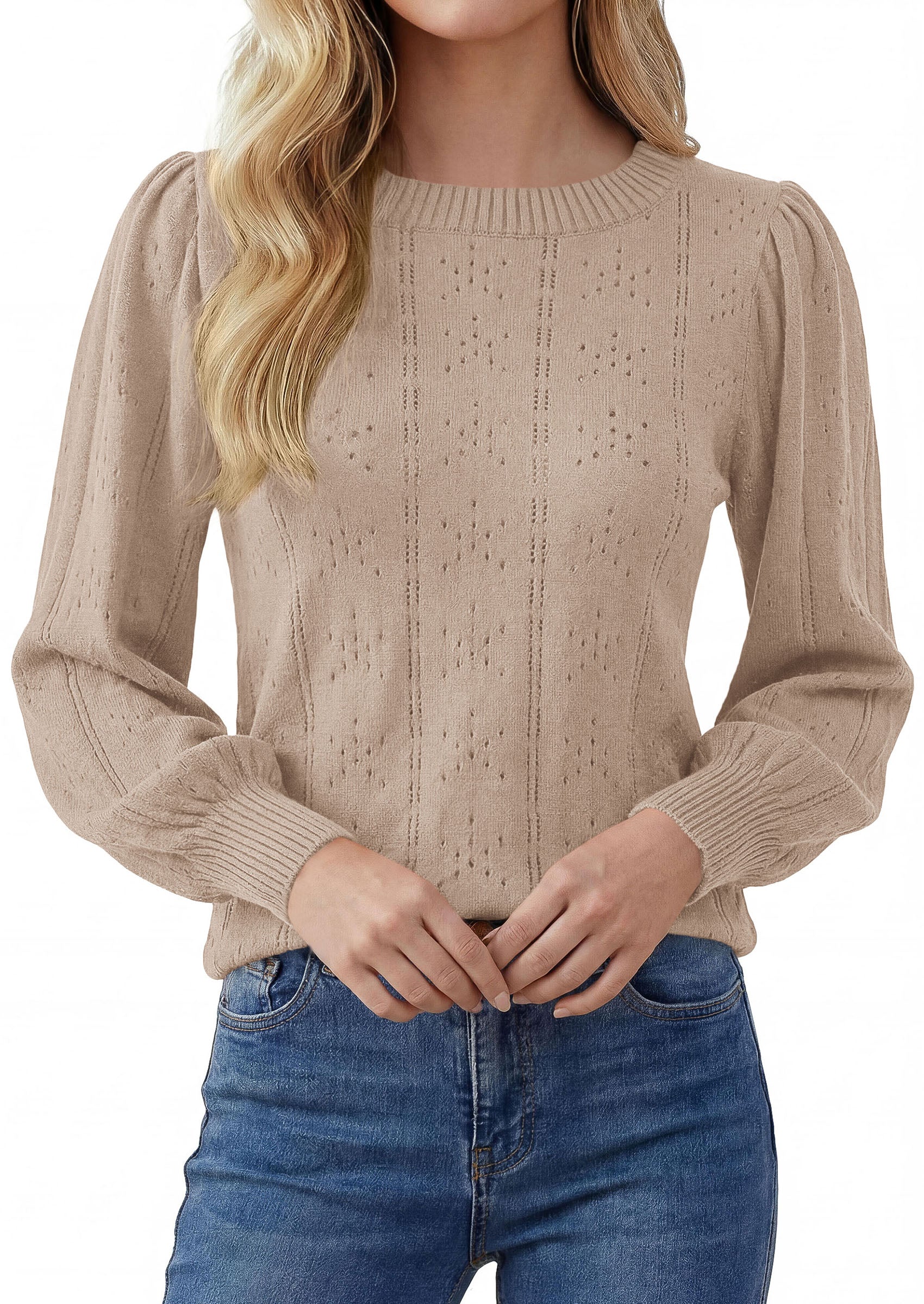 PRETTYGARDEN Women Fall Fashion Hollow Out Holiday Sweaters | Stretchy Cozy Knit, Puff Long Sleeve Pullover Tops, Crewneck Loose Fit, Dressy Casual Blouse, Trendy Winter Going Out Outfits