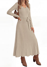 PRETTYGARDEN Womens Fall Maxi Long Sleeve Sweater Dress  Soft Stretchy Knit, V Neck A Line Dresses with Bow, Flowy Pleated Hem, Cocktail Party Outfits, Trendy Winter Clothes