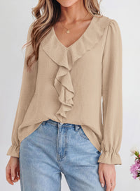 PRETTYGARDEN Women Early Fall Fashion Dressy Casual Blouses  | Comfy Lightweight,Lantern Long Sleeve Shirts,Cute Ruffle V Neck,Going Out Tops,Business Work Outfits,Trendy Daily Clothes