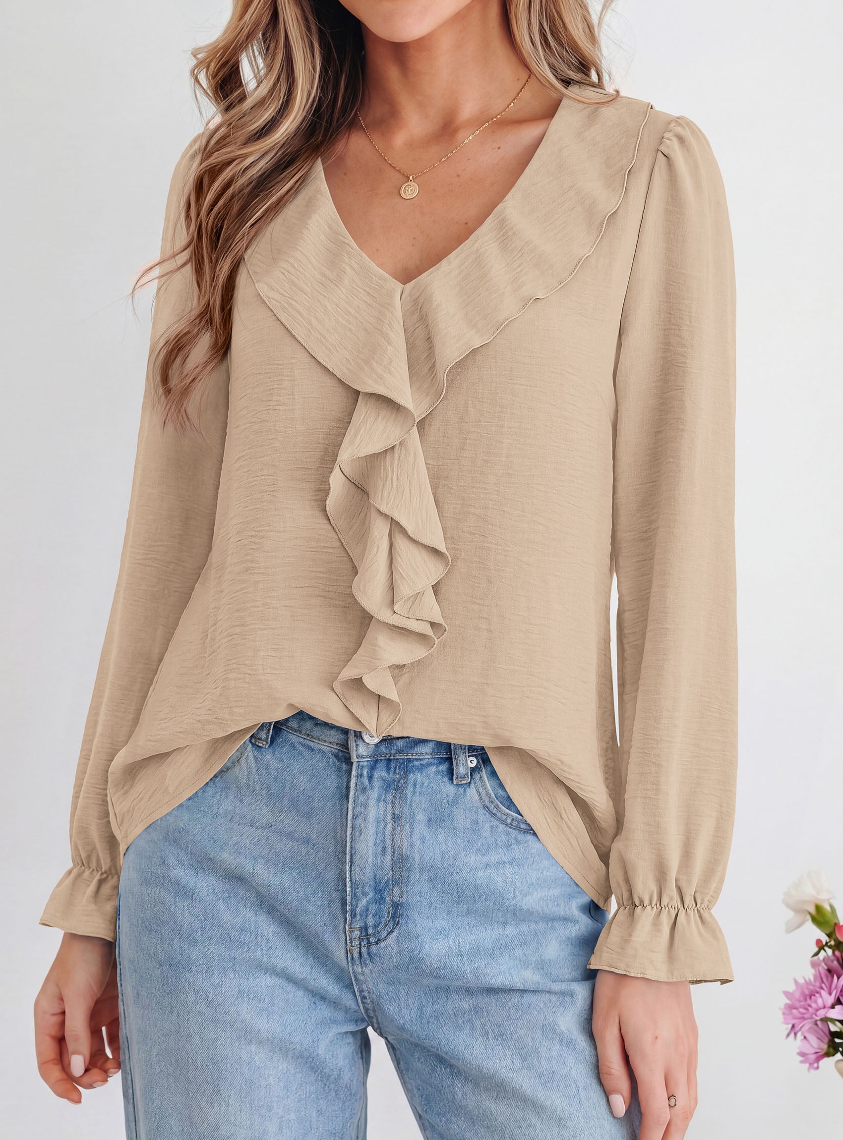 PRETTYGARDEN Women Early Fall Fashion Dressy Casual Blouses  | Comfy Lightweight,Lantern Long Sleeve Shirts,Cute Ruffle V Neck,Going Out Tops,Business Work Outfits,Trendy Daily Clothes